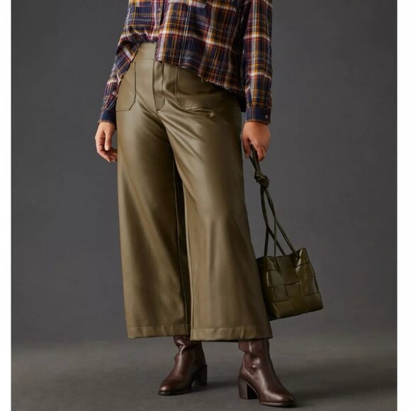 Anthropologie Maeve The Colette Cropped Wide-Leg Faux Leather Pants Moss 26W - Picture 1 of 11
